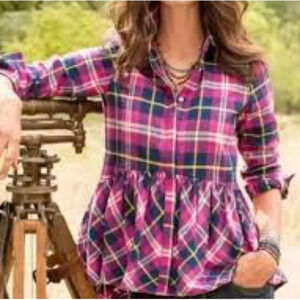 Sundance Hayden Creek Pink Plaid Peplum Flannel Top - NWOT - Size Medium